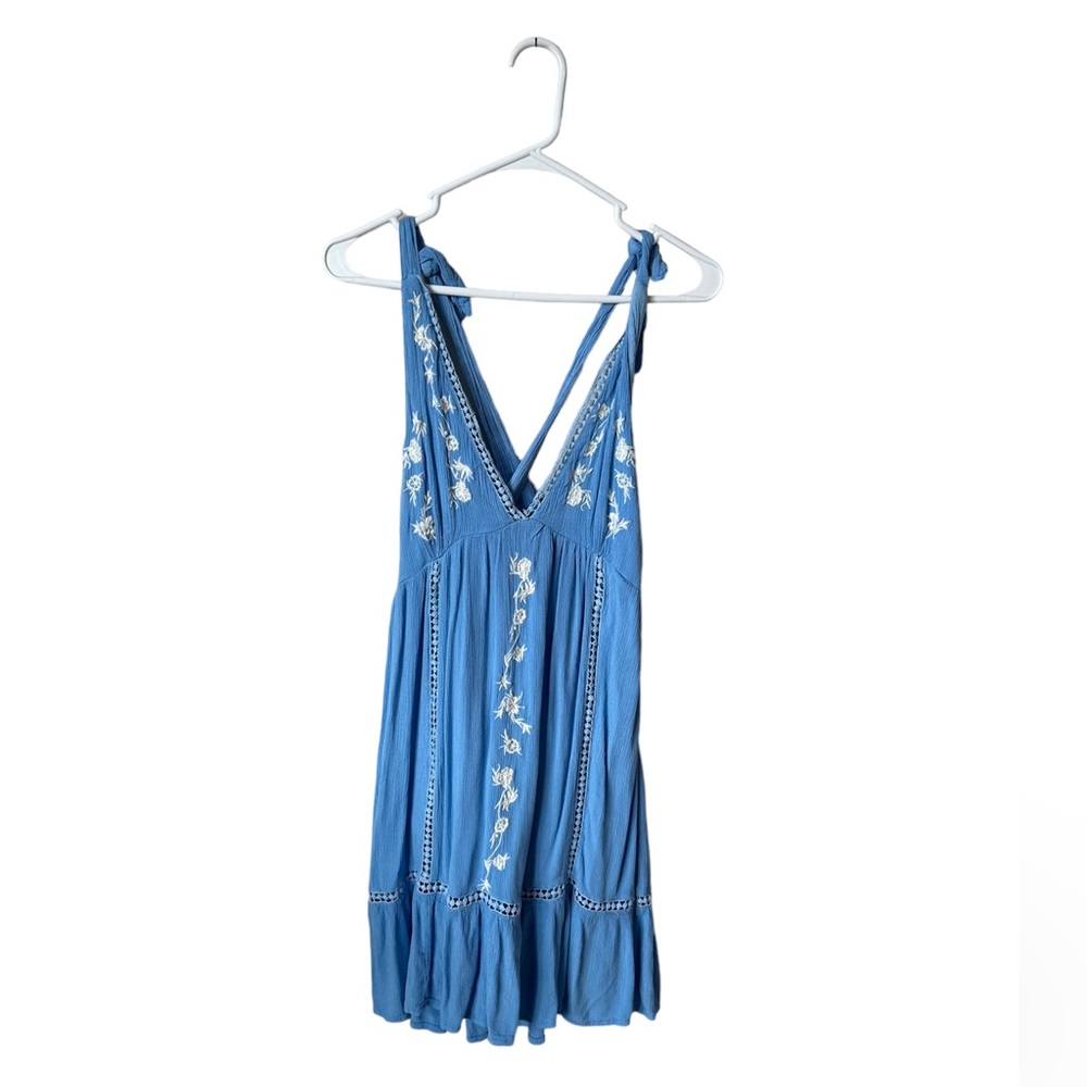 Blue V Neck Dress with White Flowers